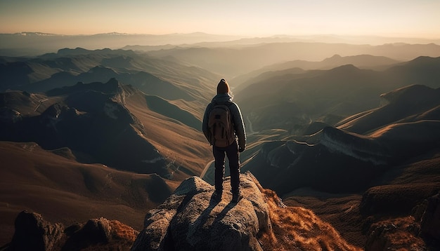 Foto grátis de pé no pico da montanha, o mochileiro alcança o sucesso gerado pela ia