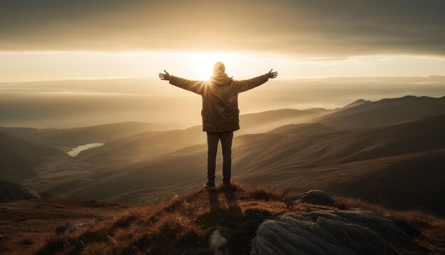 De pé nos braços do pico da montanha levantados em sucesso gerado pela IA