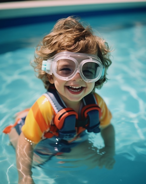 De perto o rapaz a sorrir na piscina