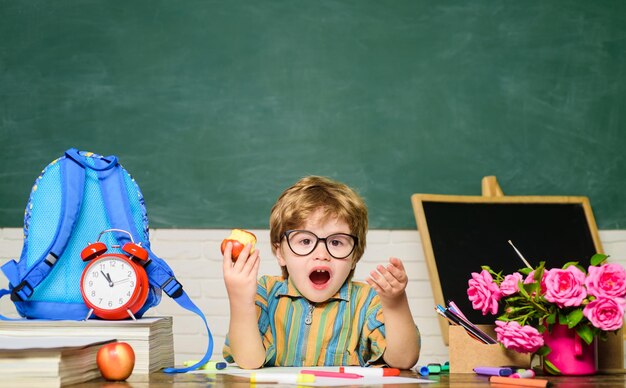 De volta às aulas, menino surpreso de óculos, lições de dever de casa, disciplinas escolares, conceito de educação, estudante