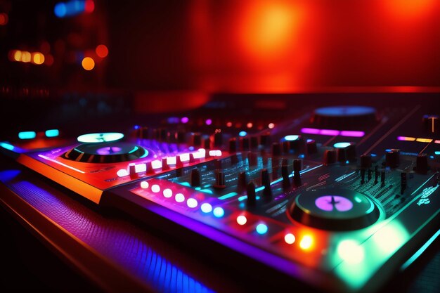 Deck de um DJ com luzes coloridas ao fundo