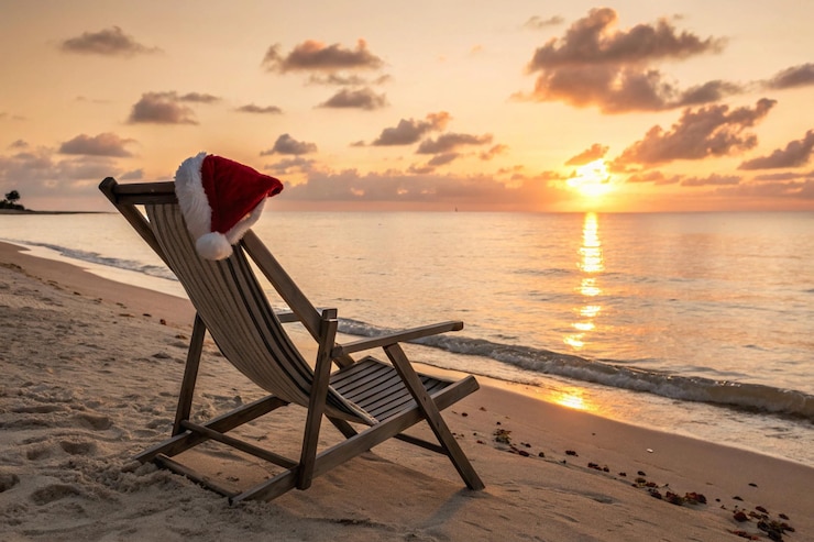 Foto grátis deckchair com chapéu de papai noel na praia do oceano durante o pôr do sol