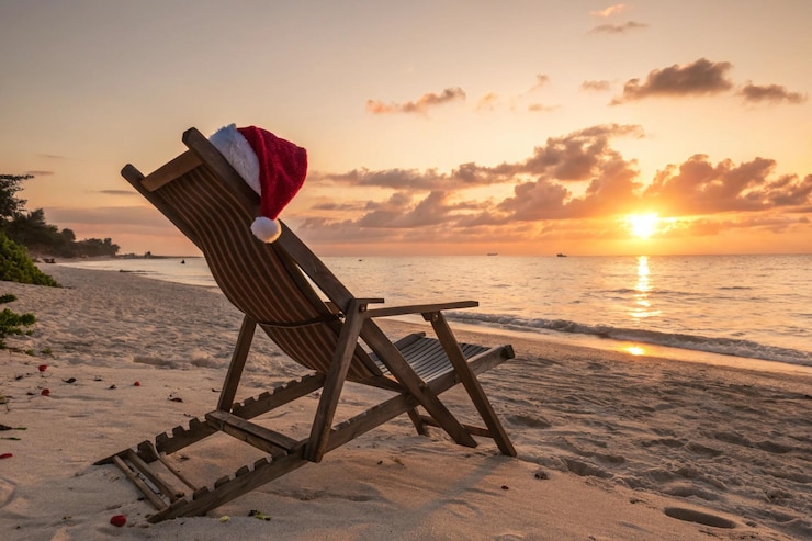 Foto grátis deckchair com chapéu de papai noel na praia do oceano durante o pôr do sol