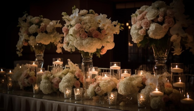 Foto grátis decoração de casamento elegante à luz de velas com arranjos florais gerados por ia