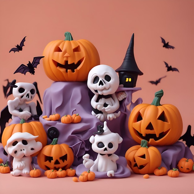 Foto grátis decoração de halloween com fantasmas de abóboras e morcegos em fundo pastel