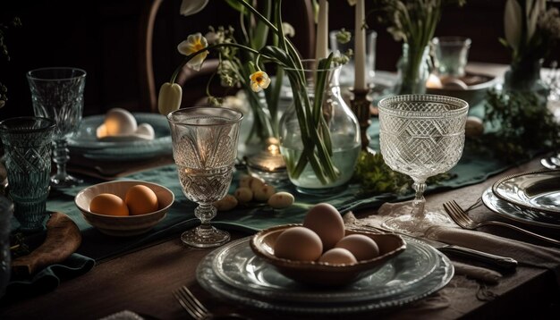 Decoração de mesa rústica com arranjo natural fresco gerado por IA