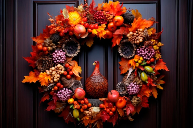 Decoração de porta de casa com guirlanda redonda de ação de graças