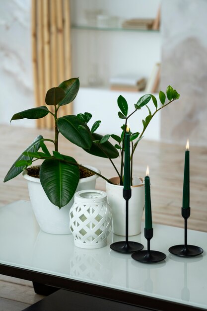 Decoração do quarto com vasos de plantas e velas em suportes