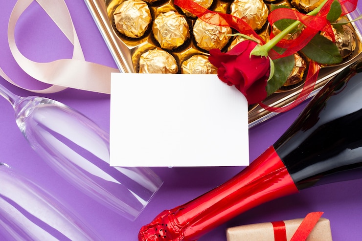 Foto grátis decoração plana leiga com caixa de chocolate e garrafa de vinho