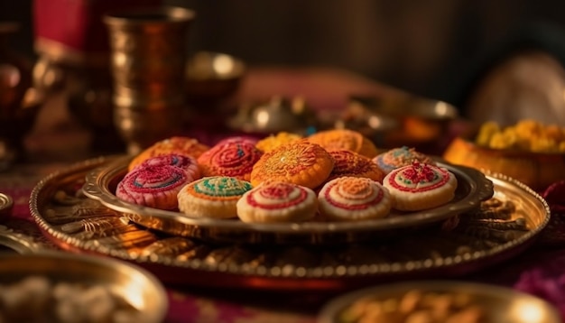 Decorações multicoloridas adornam a sobremesa indiana caseira gerada por ia