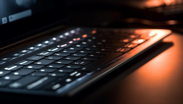 Dedos iluminados pelo teclado digitando comunicações comerciais fluindo geradas por IA