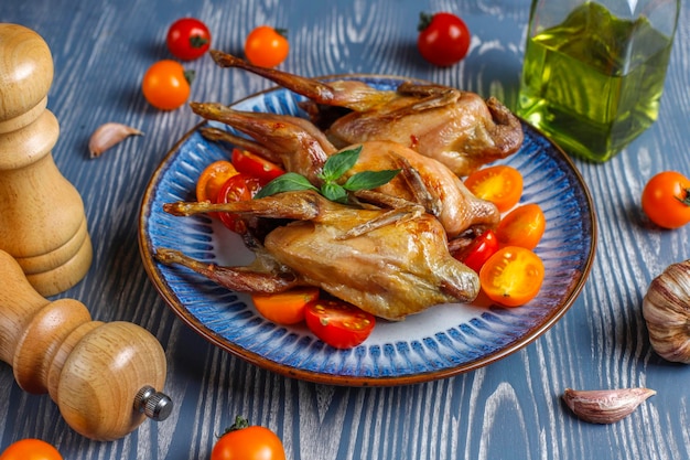 Deliciosa codorna frita com ervas e tomate cereja.