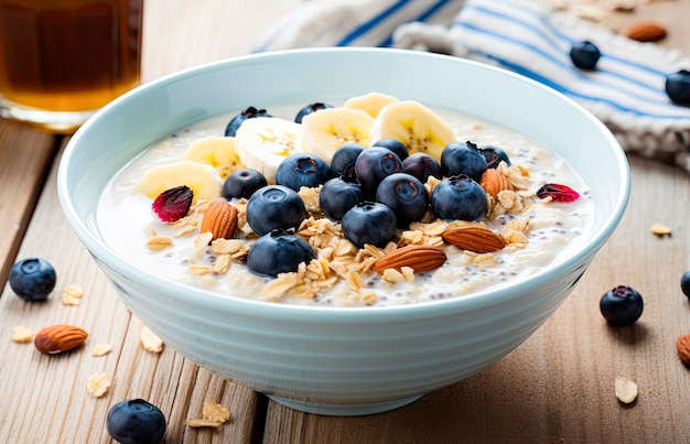 Deliciosa farinha de aveia com bananas e bagas.