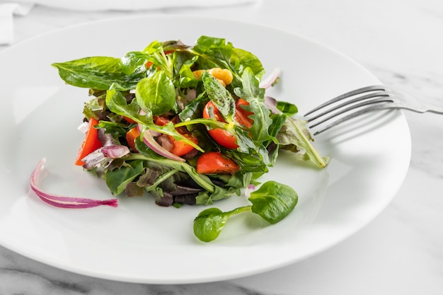 Deliciosa salada saudável em um prato branco