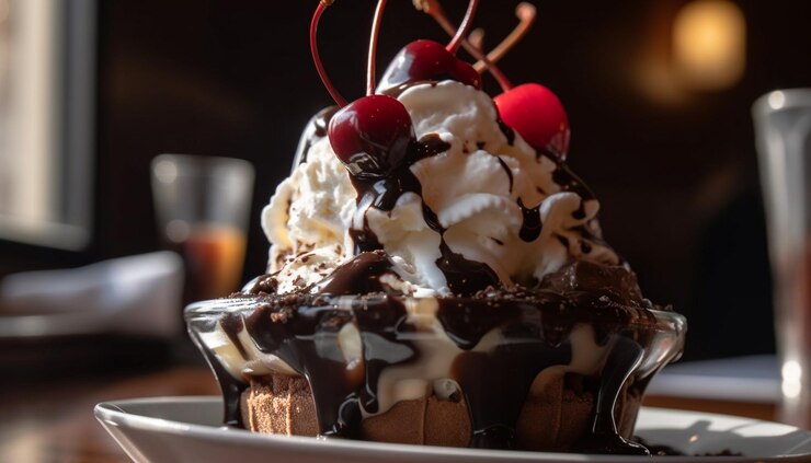 Foto grátis deliciosa sobremesa de chocolate com fatias de frutas frescas geradas por ia