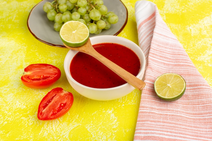 Foto grátis deliciosa sopa de tomate com limão e uvas verdes em amarelo, sopa refeição jantar comida vegetal