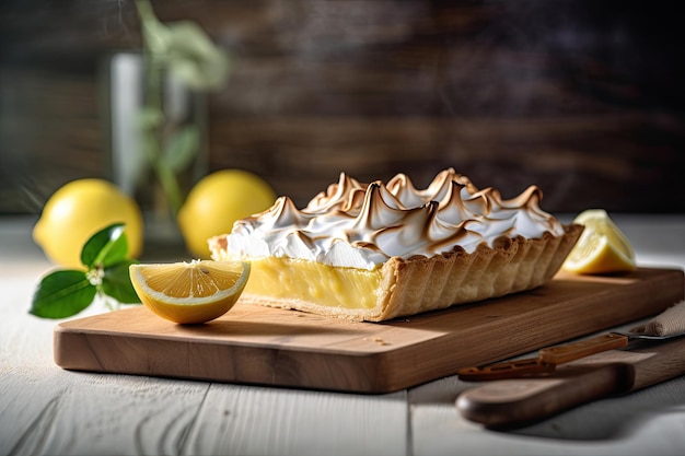 Deliciosa torta de limão com merengue na mesa de madeira Ai generative