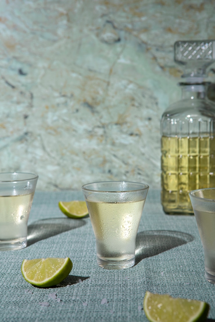 Foto grátis deliciosas doses de tequila e arranjo de limão