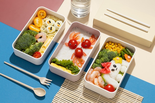 Foto grátis delicioso arranjo de caixa de bento