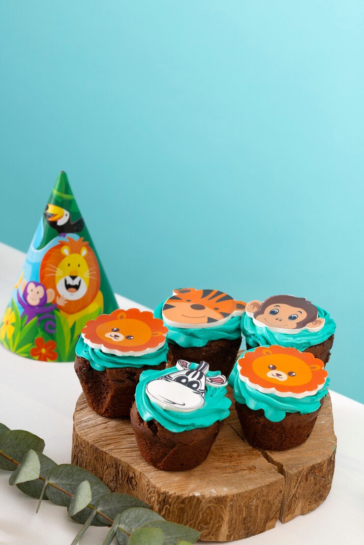 Foto grátis delicioso arranjo de cupcakes de festa safari