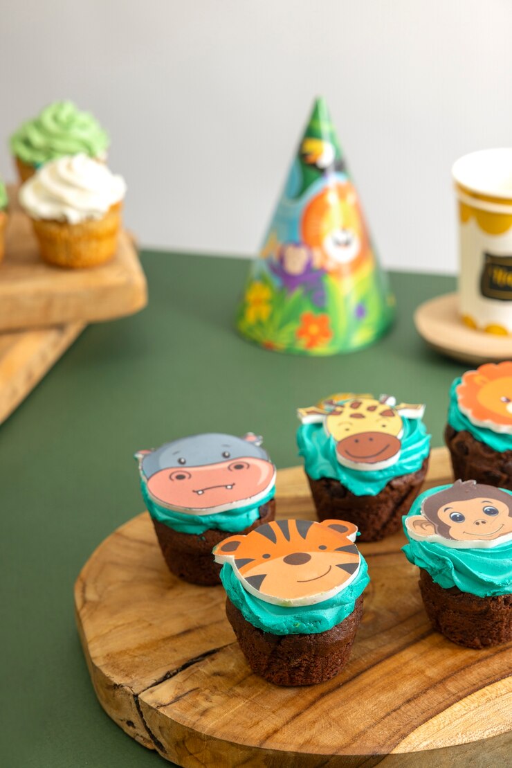 Foto grátis delicioso arranjo de cupcakes de festa safari