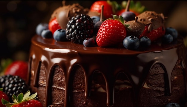 Delicioso cheesecake de chocolate com decoração de frutas frescas geradas por ia