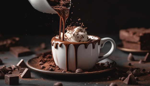 Delicioso chocolate quente caseiro com chantilly gerado por IA