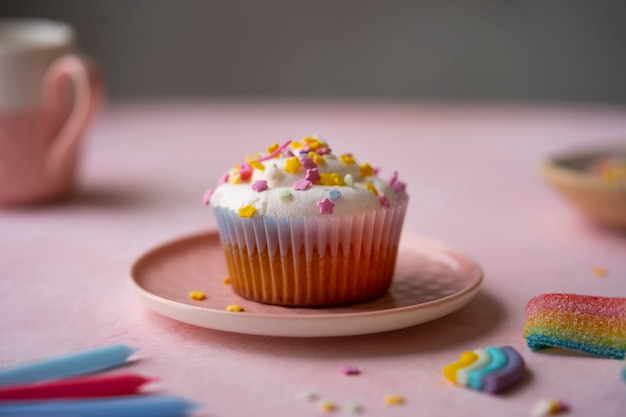 Foto grátis delicioso cupcake de arco-íris natureza morta