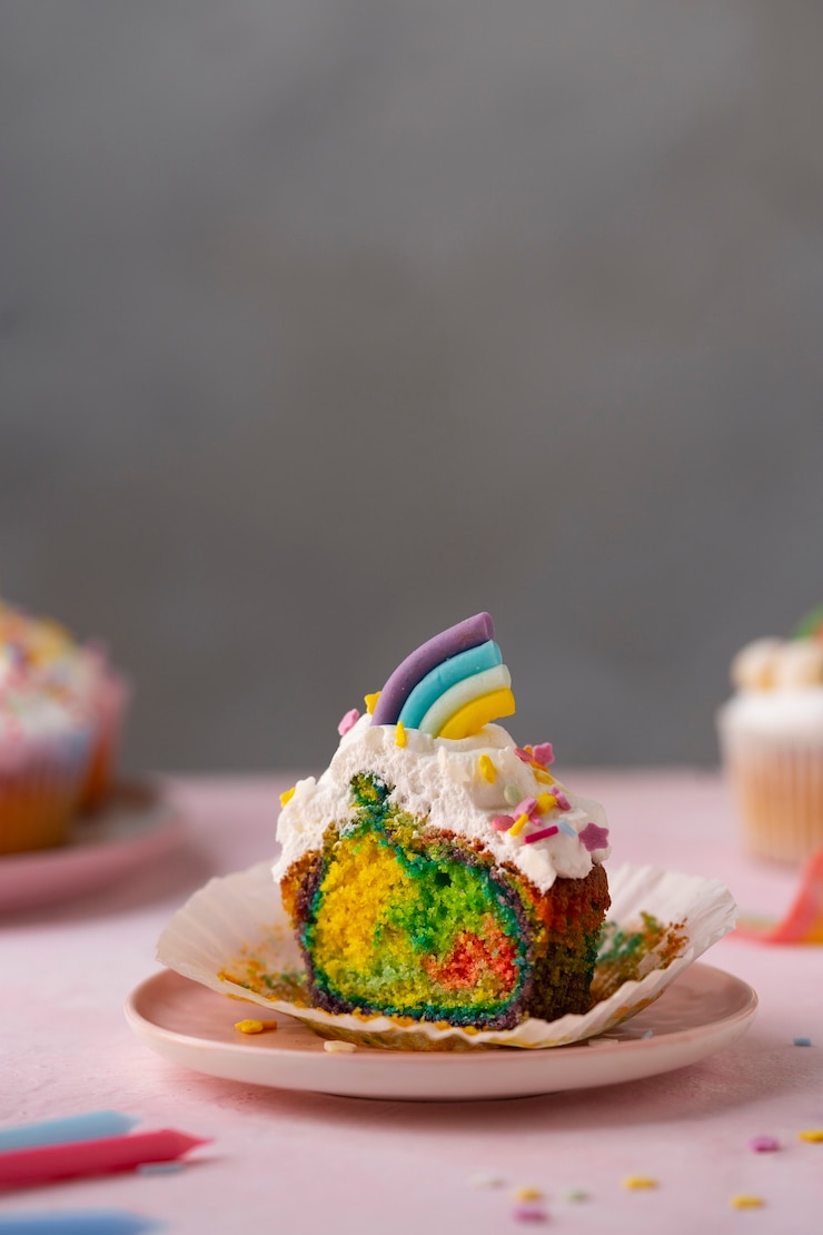 Foto grátis delicioso cupcake de arco-íris natureza morta