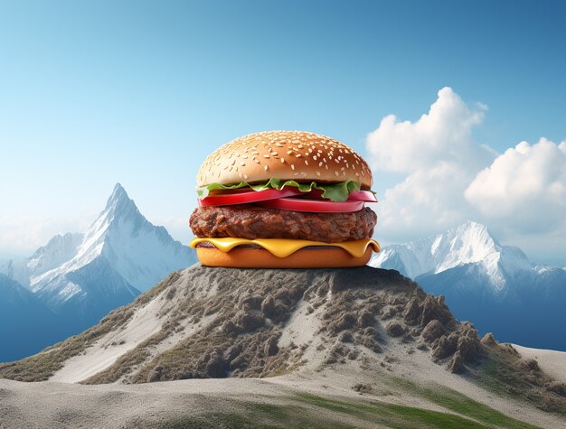 Delicioso hambúrguer 3d com cenário de montanhas