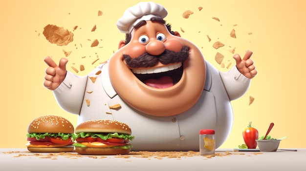 Delicioso hambúrguer 3d com chef animado
