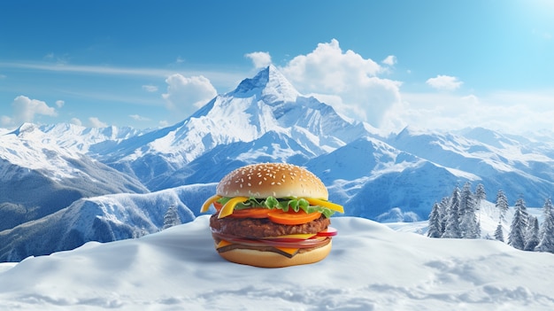 Foto grátis delicioso hambúrguer com montanhas