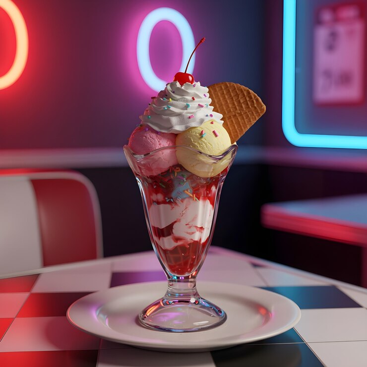 Foto grátis delicioso sorvete de sorvete com cereja e creme batido em uma fonte de refrigerante vintage