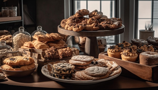 Foto grátis deliciosos biscoitos de chocolate caseiros em mesa rústica gerados por ia