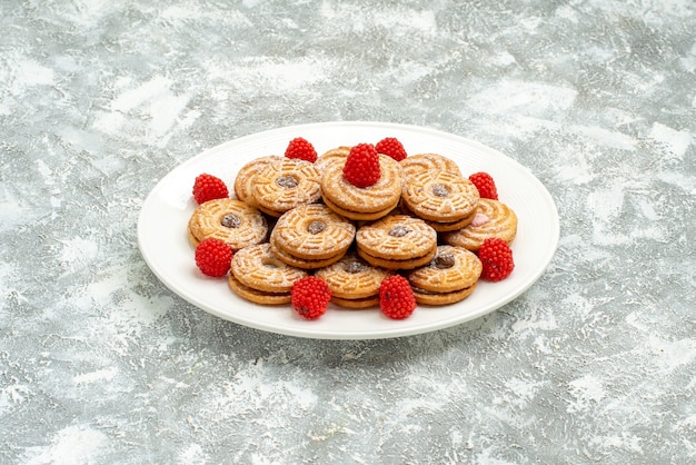 Deliciosos biscoitos redondos com framboesa em um espaço em branco