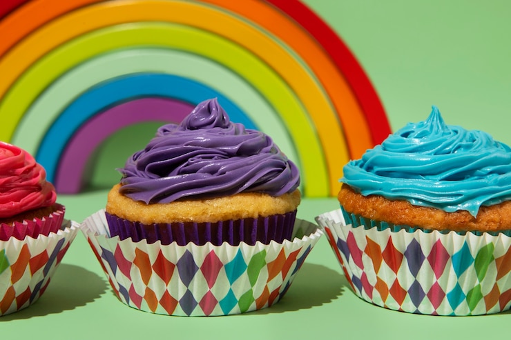Foto grátis deliciosos cupcakes arco-íris, natureza morta.