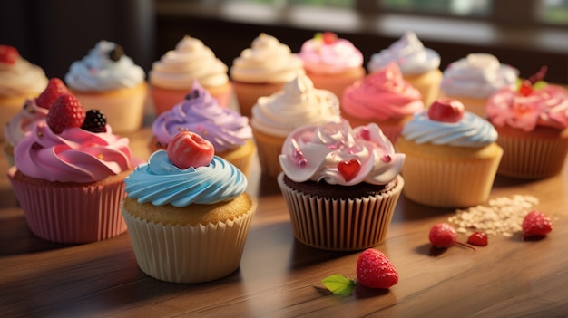 Deliciosos cupcakes com cobertura colorida