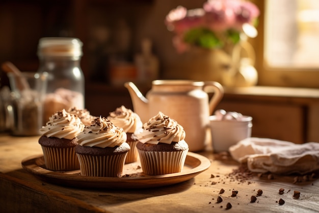 Deliciosos cupcakes com cobertura de chocolate