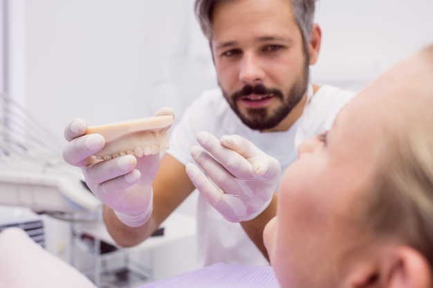 Foto grátis dentista mostrando modelo de prótese para o paciente