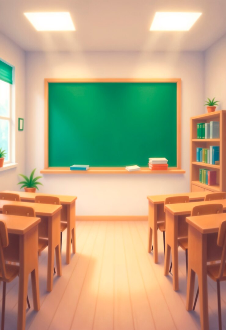 Foto grátis dentro de uma sala de aula com mesas e quadro