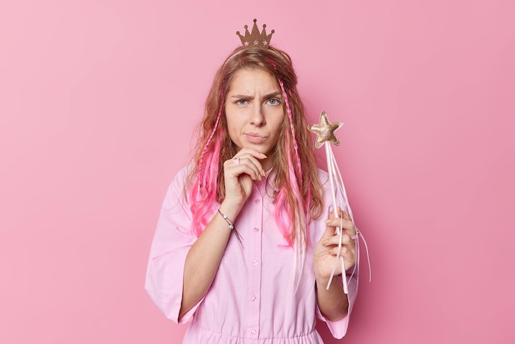 Foto grátis descontentamento chateado bela jovem tem expressão de mau humor levanta sobrancelhas usa coroa de princesa e vestido segura varinha mágica pronta para tornar seus sonhos realidade isolado sobre fundo rosa