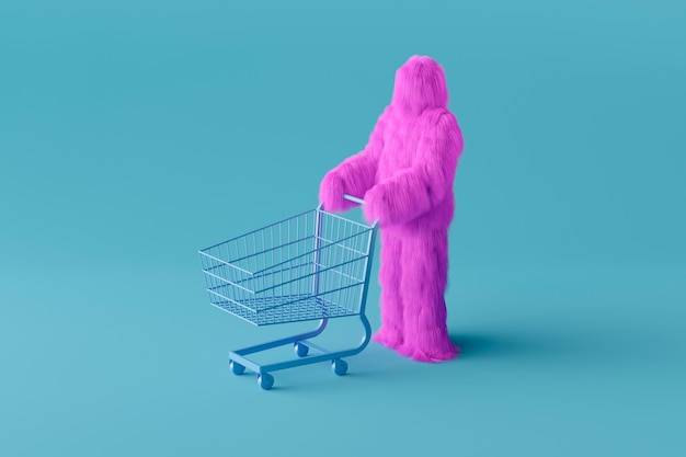 Desenho de yeti roxo com carrinho de compras