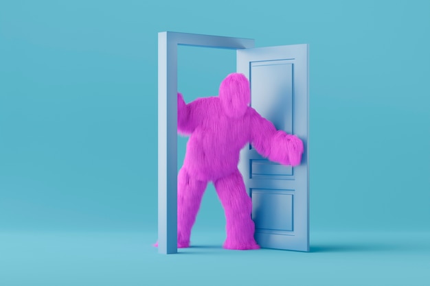 Foto grátis desenho de yeti roxo com porta azul