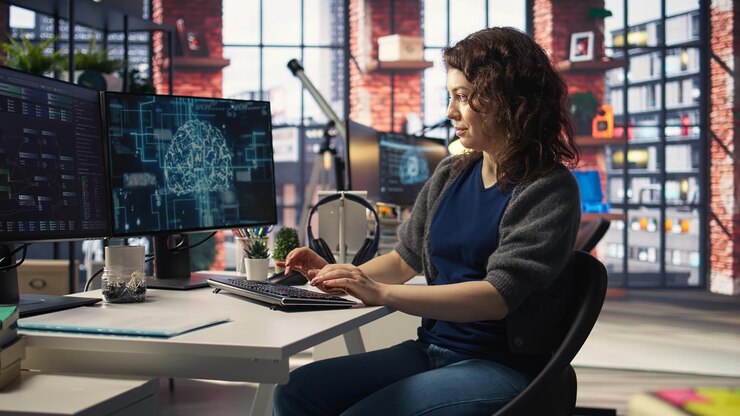 Foto grátis desenvolvedor de teletrabalho usando computador para computação de inteligência artificial