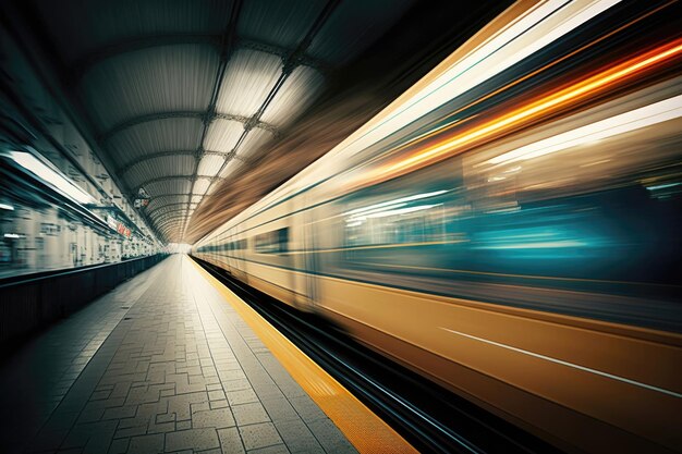 Desfoque de movimento do trem movendo-se em alta velocidade no desfoque de movimento da estação subterrânea