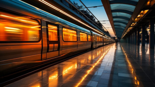 Desfoque no movimento do comboio de alta velocidade que passa ao longo da plataforma da estação conveniente trans moderno