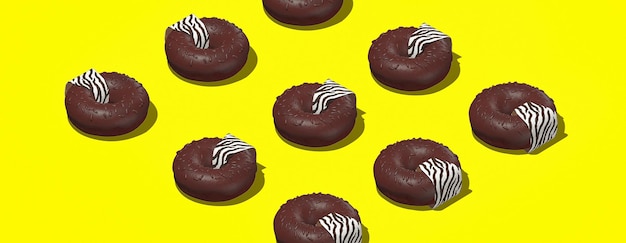 Design criativo 3d render donuts em cena de isometria no espaço amarelo. restaurante, padaria, arte conceitual de entrega de alimentos.