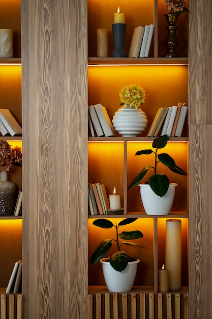 Design de interiores com prateleiras e vasos de plantas
