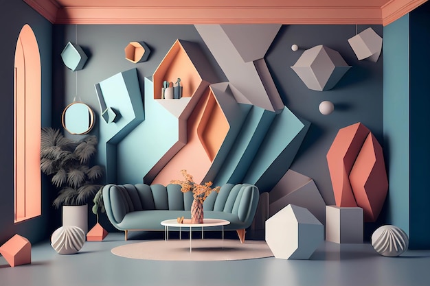 design de interiores de quarto 3d com formas geométricas generativas ai