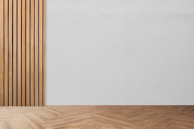 Design de interiores de quarto minimalista vazio com piso de espinha de peixe